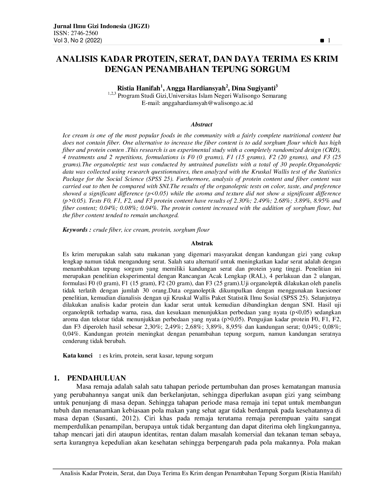 JURIS Analisis Kadar Protein Serat Dan Daya Terima Es Krim Dengan Penambahan Tepung Sorgum