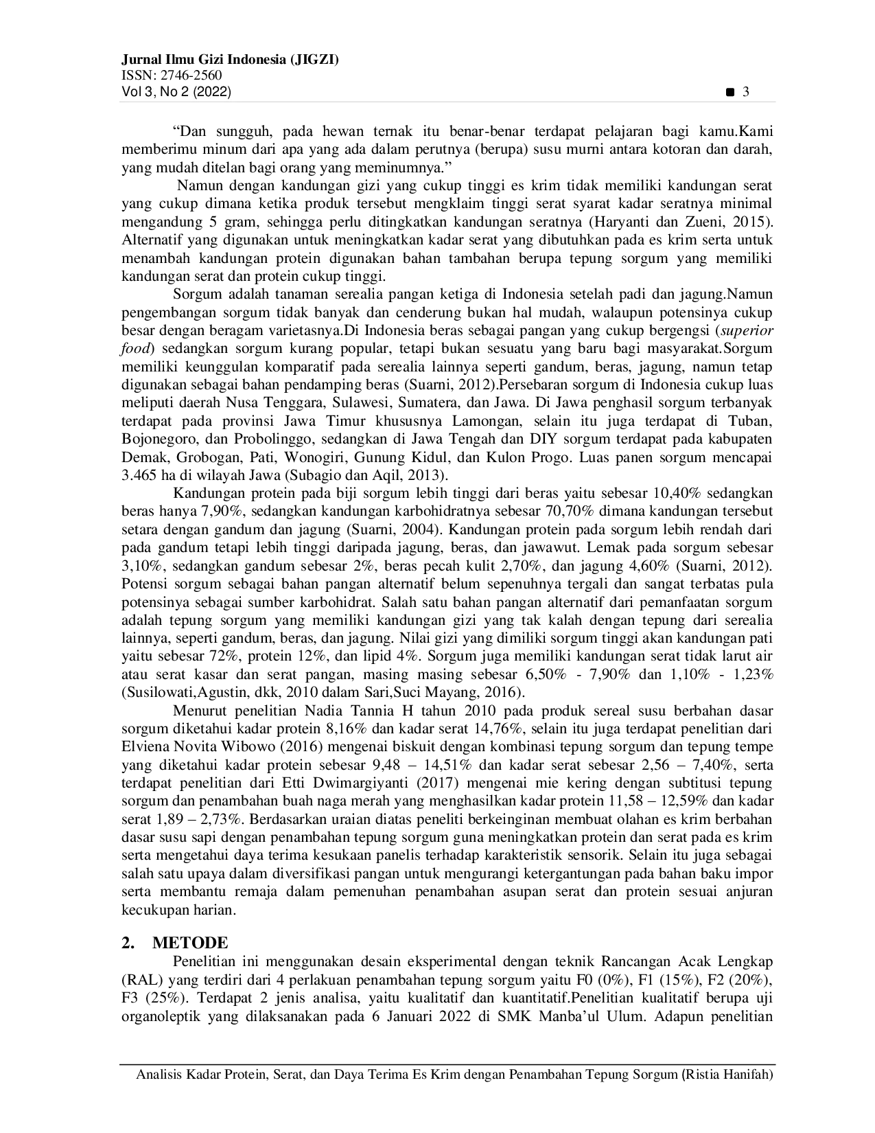 JURIS Analisis Kadar Protein Serat Dan Daya Terima Es Krim Dengan Penambahan Tepung Sorgum