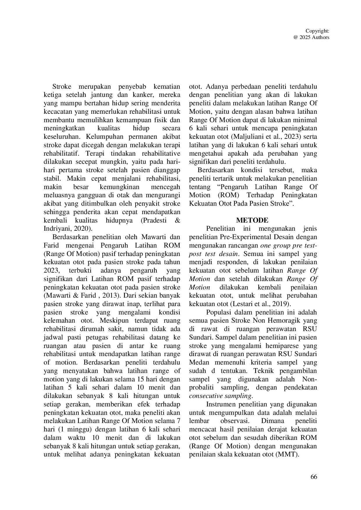 JURIS PENGARUH LATIHAN RANGE OF MOTION ROM TERHADAP PENINGKATAN KEKUATAN OTOT PADA PASIEN STROKE