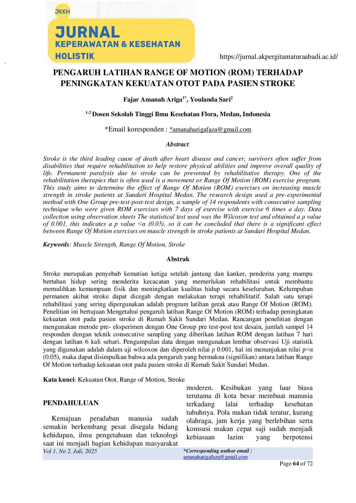 JURIS PENGARUH LATIHAN RANGE OF MOTION ROM TERHADAP PENINGKATAN KEKUATAN OTOT PADA PASIEN STROKE