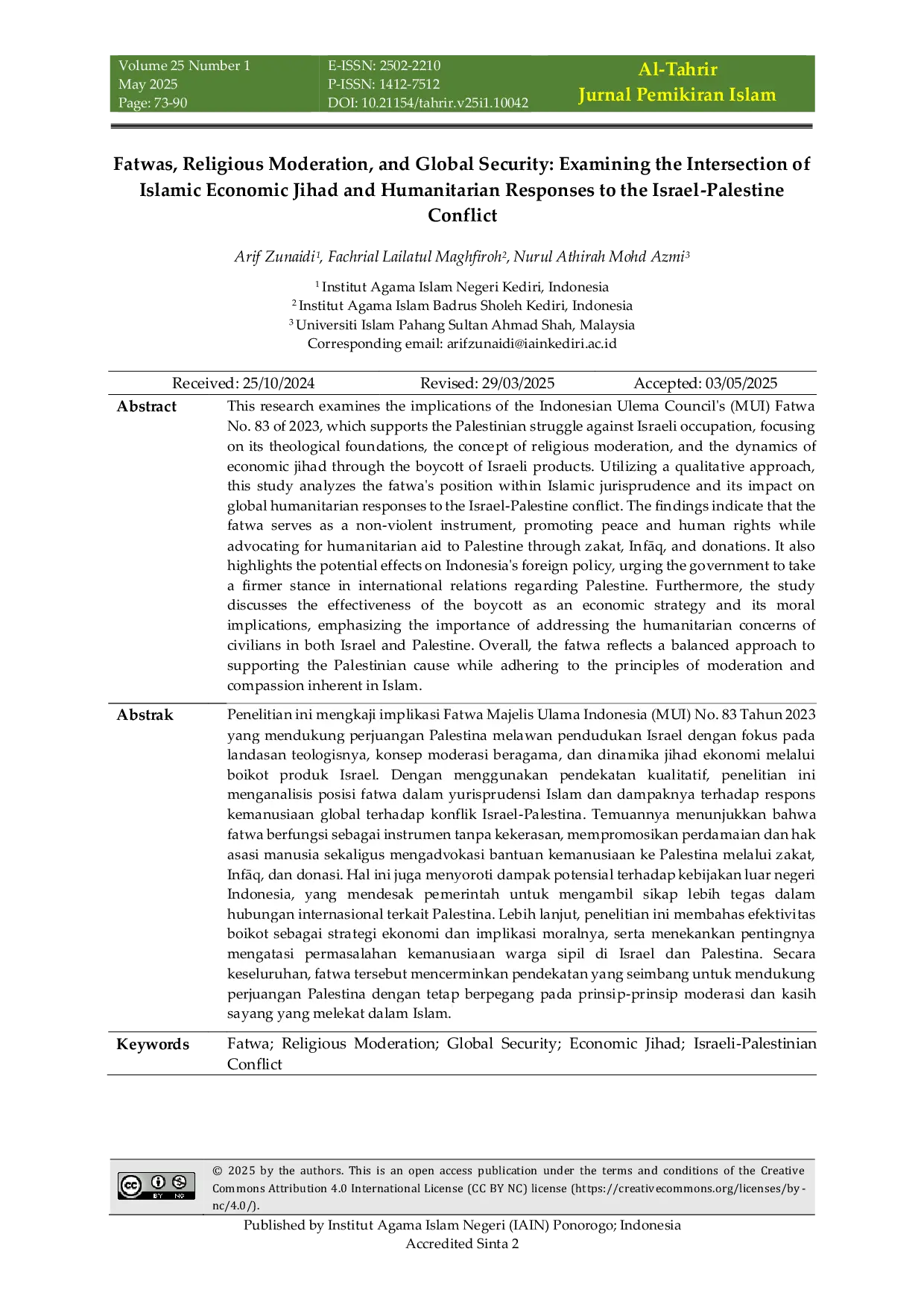 JURIS Fatwas Religious Moderation and Global Security Examining the Intersection of Islamic Economic Jihad and Humanitarian Responses to the Israel Palestine Conflict