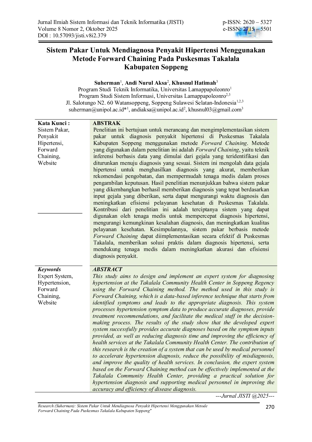 JURIS Sistem Pakar Untuk Mendiagnosa Penyakit Hipertensi Menggunakan Metode Forward Chaining Pada Puskesmas Takalala Kabupaten Soppeng