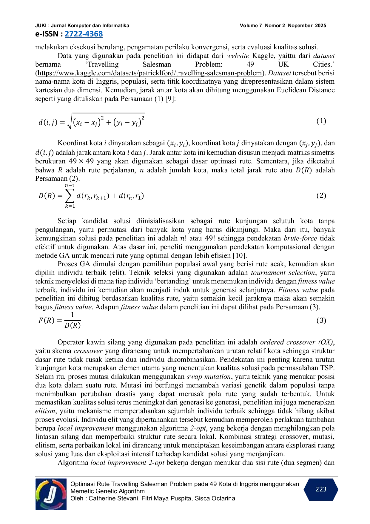 JURIS Optimasi Rute Travelling Salesman Problem pada 49 Kota di Inggris menggunakan Memetic Genetic Algorithm