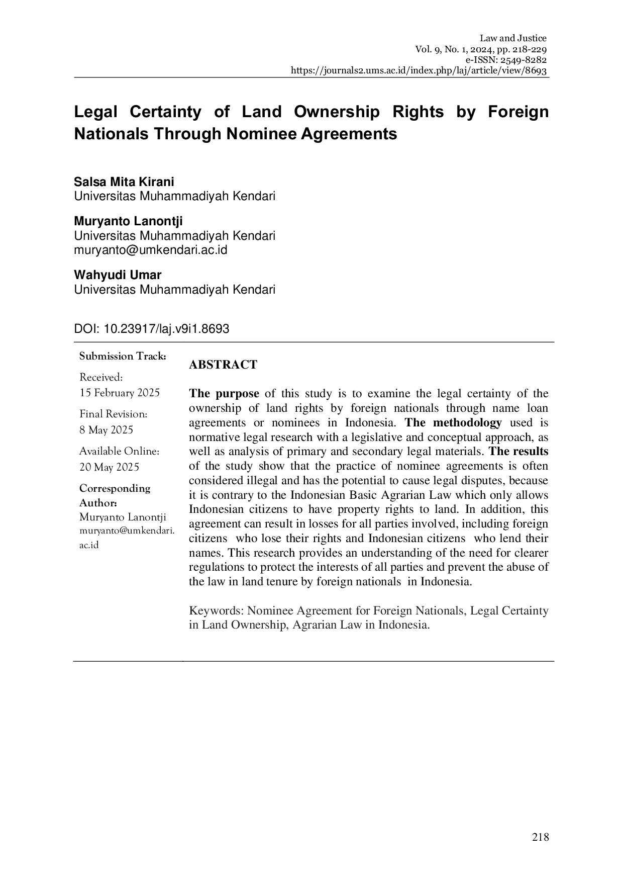 JURIS Legal Certainty of Land Ownership Rights By Foreign Nationals Through Nominee Agreements