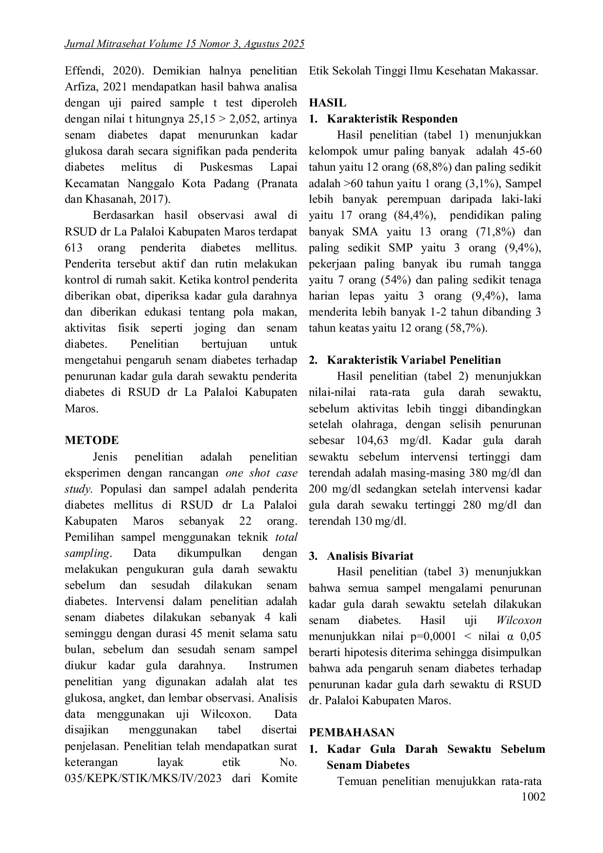 JURIS PENGARUH SENAM TERHADAP PENURUNAN KADAR GULA SEWAKTU PENDERITA DIABETES MELLITUS DI RSUD DR PALALOI MAROS