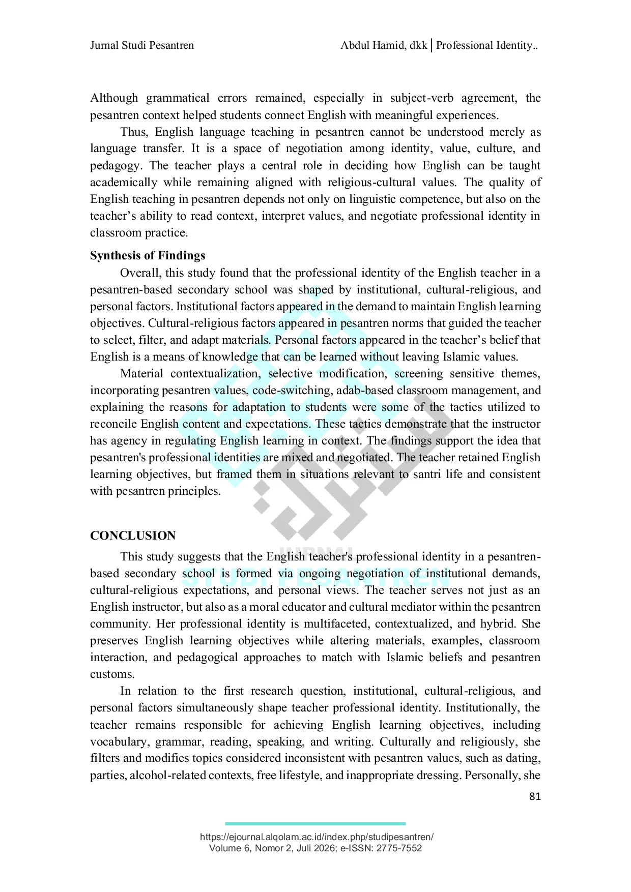 JURIS Professional Identity of High School English Teachers in Islamic Boarding Schools