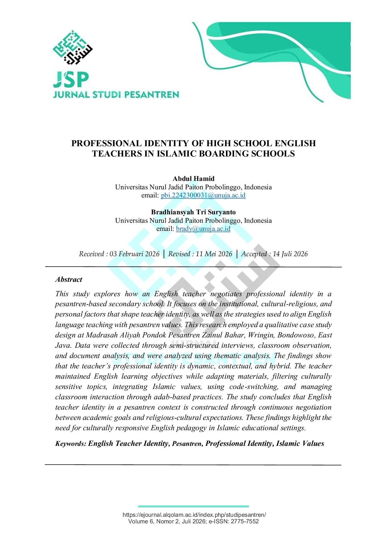 JURIS Professional Identity of High School English Teachers in Islamic Boarding Schools