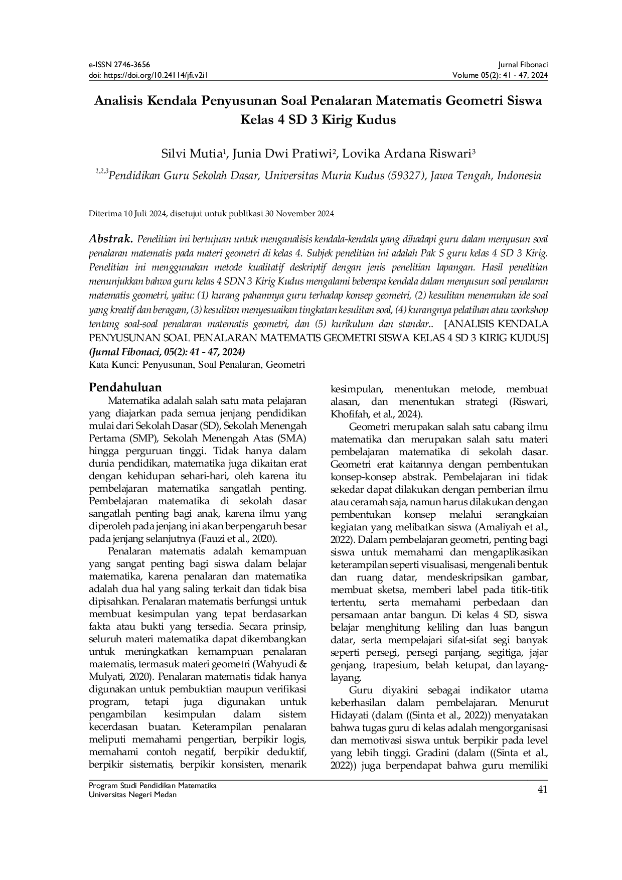 JURIS Analisis Kendala Penyusunan Soal Penalaran Matematis Geometri Siswa Kelas 4 SD 3 Kirig Kudus