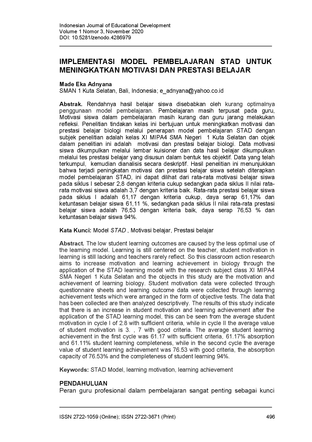 juris Implementasi Model Pembelajaran Stad Untuk Meningkatkan Motivasi Dan Prestasi Belajar