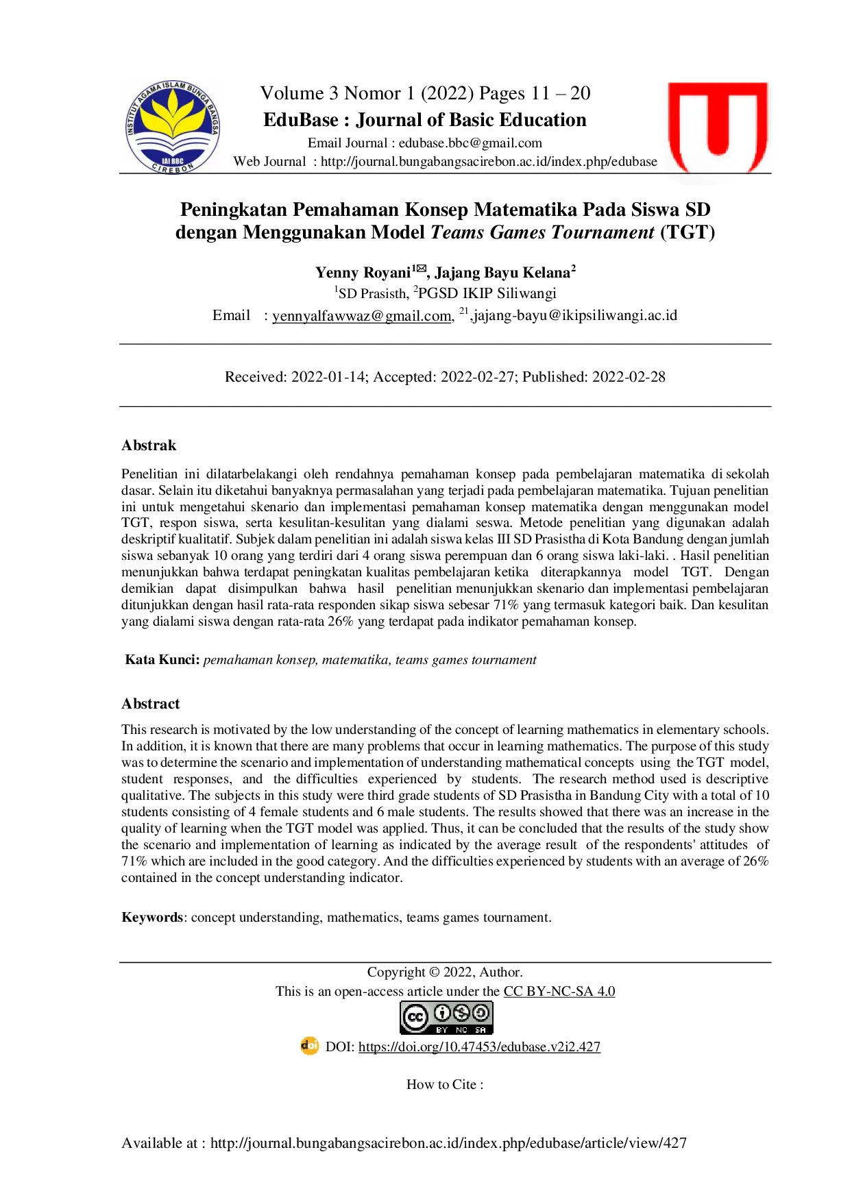 JURIS Peningkatan Pemahaman Konsep Matematika Pada Siswa SD dengan Menggunakan Model Teams Games Tournament TGT