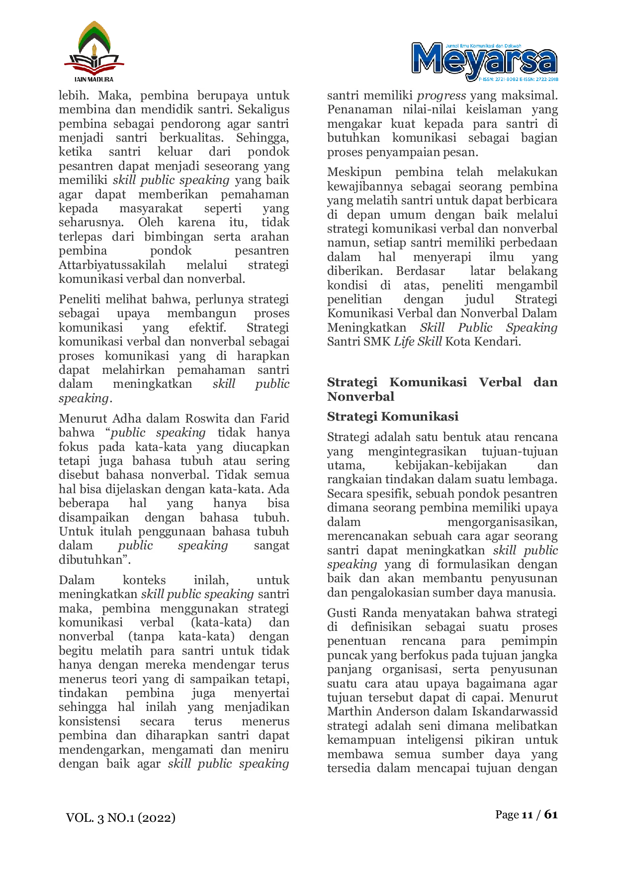 JURIS Strategi Komunikasi Verbal Dan Nonverbal Dalam Meningkatkan Skill Public Speaking Santri SMK Life Skill Kendari