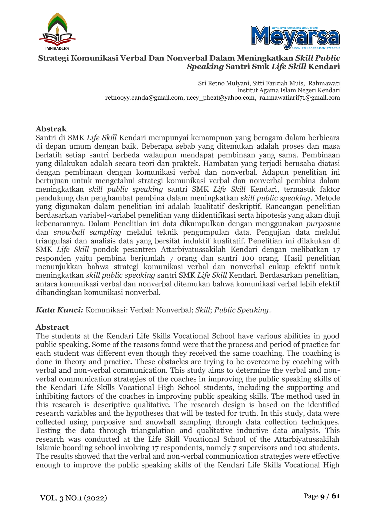 JURIS Strategi Komunikasi Verbal Dan Nonverbal Dalam Meningkatkan Skill Public Speaking Santri SMK Life Skill Kendari