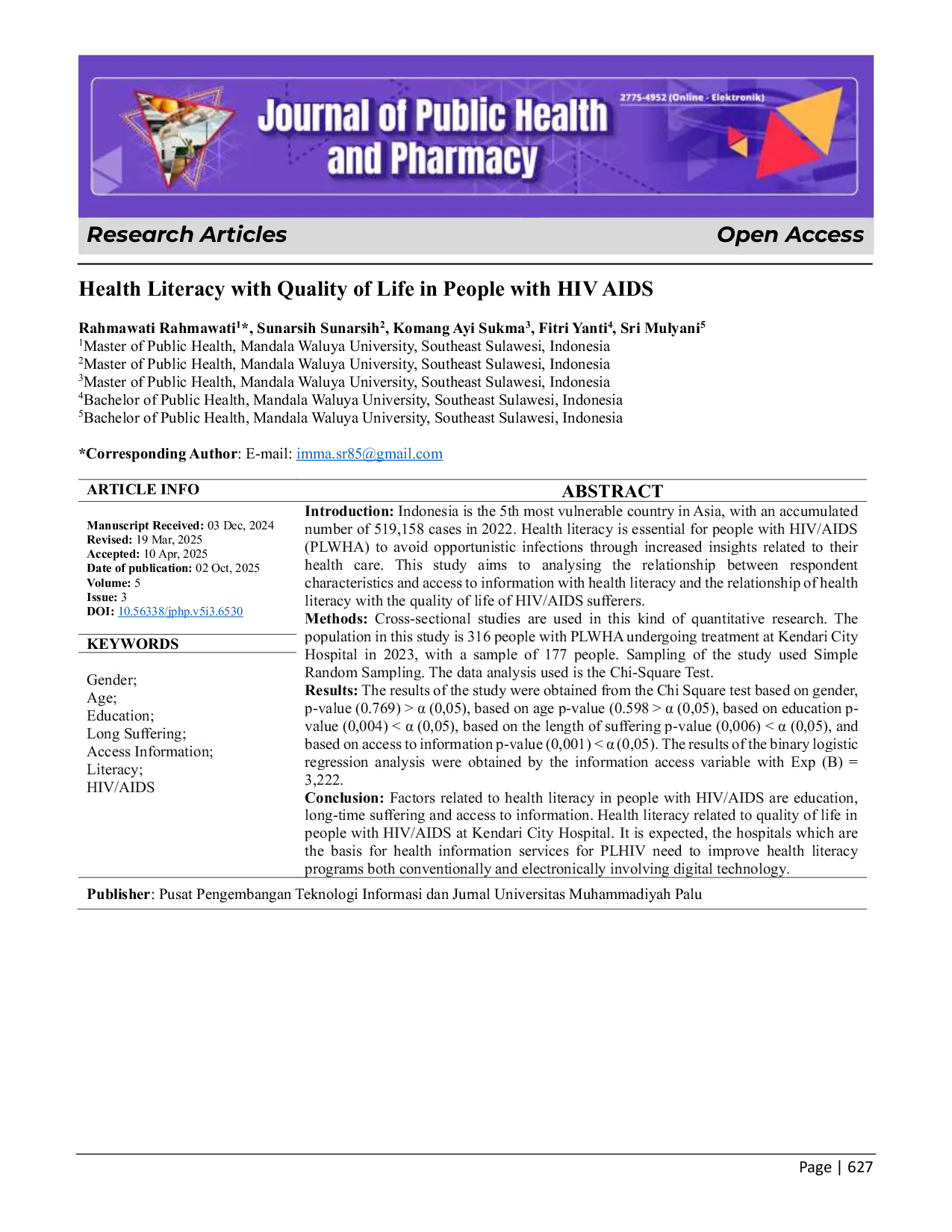JURIS Health Literacy with Quality of Life in People with HIV AIDS