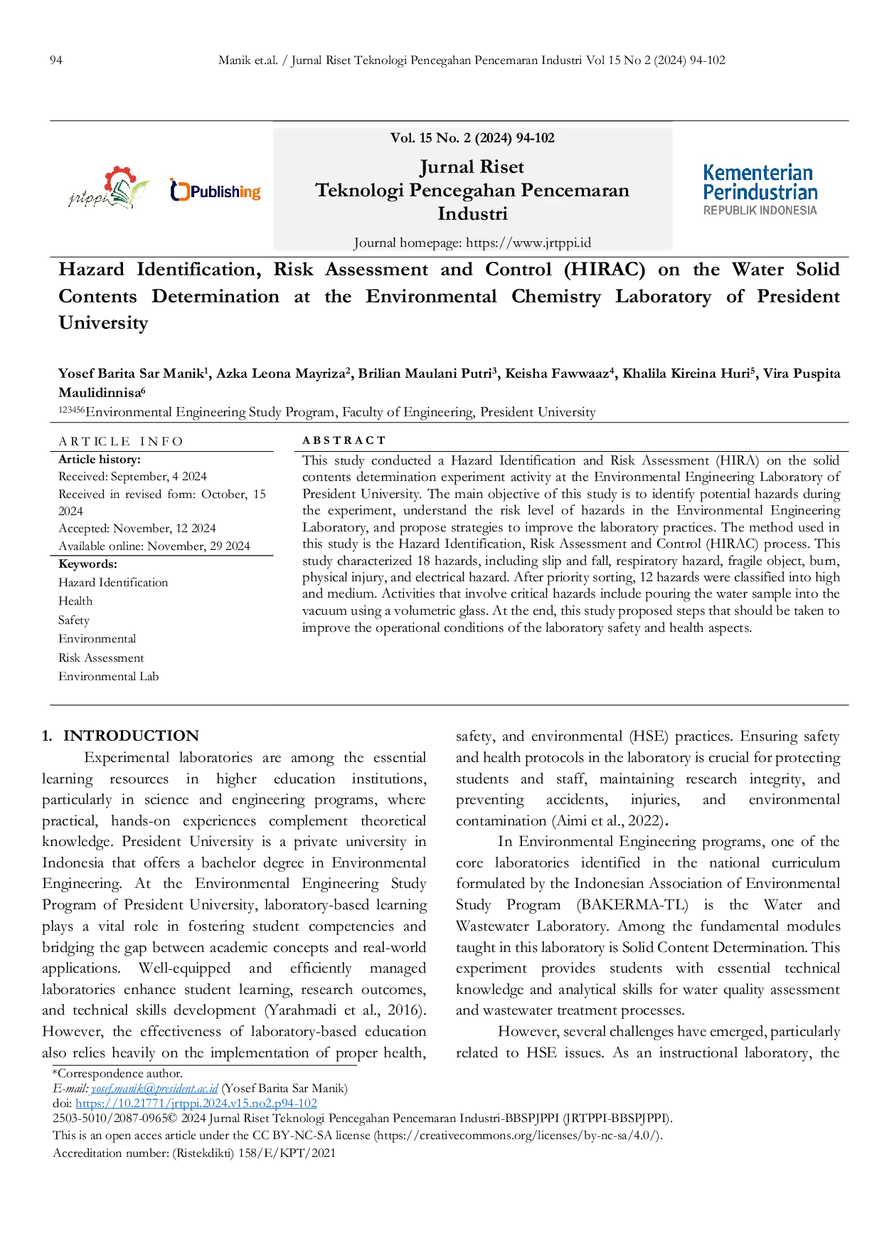 JURIS Hazard Identification Risk Assessment and Control HIRAC on Water Solid Contents Determination at Environmental Chemistry Laboratory of President University