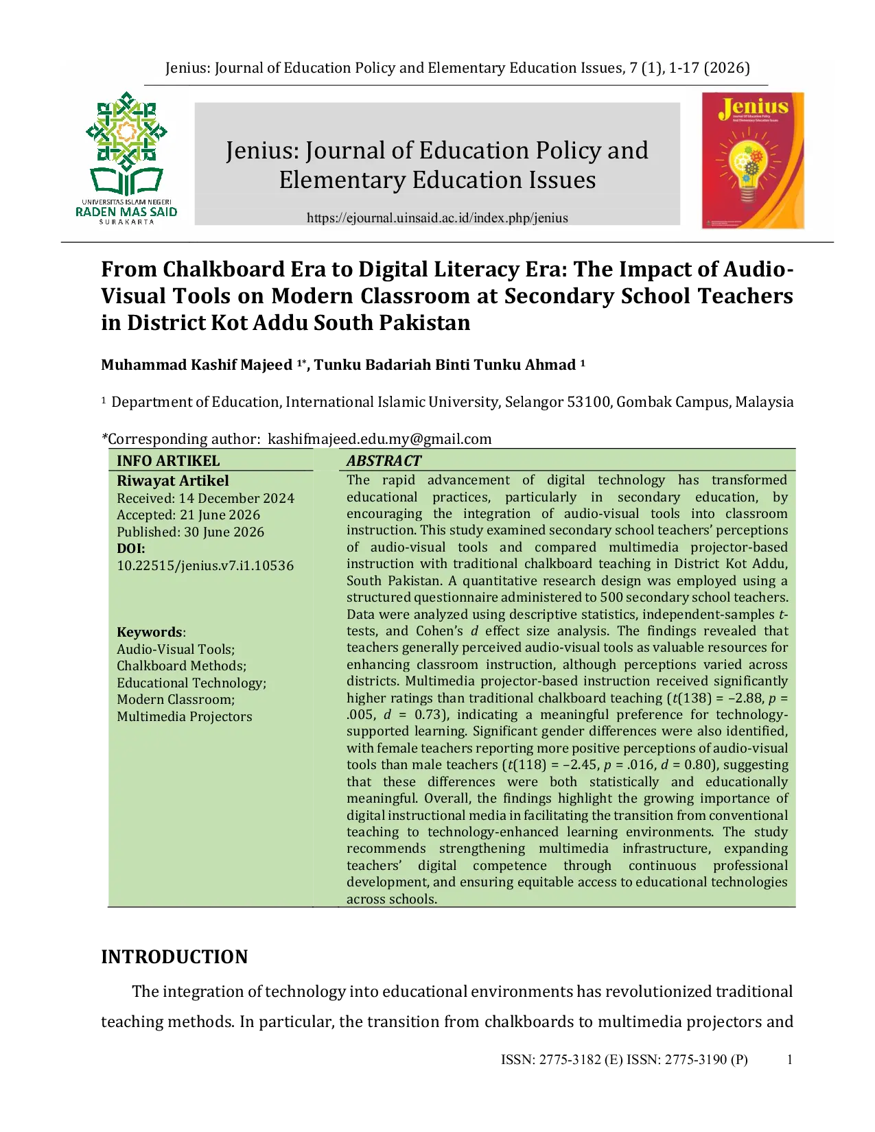 JURIS From Chalkboard Era to Digital Literacy Era The Impact of Audio Visual Tools on Modern Classroom at Secondary School Teachers in District Kot Addu South Pakistan