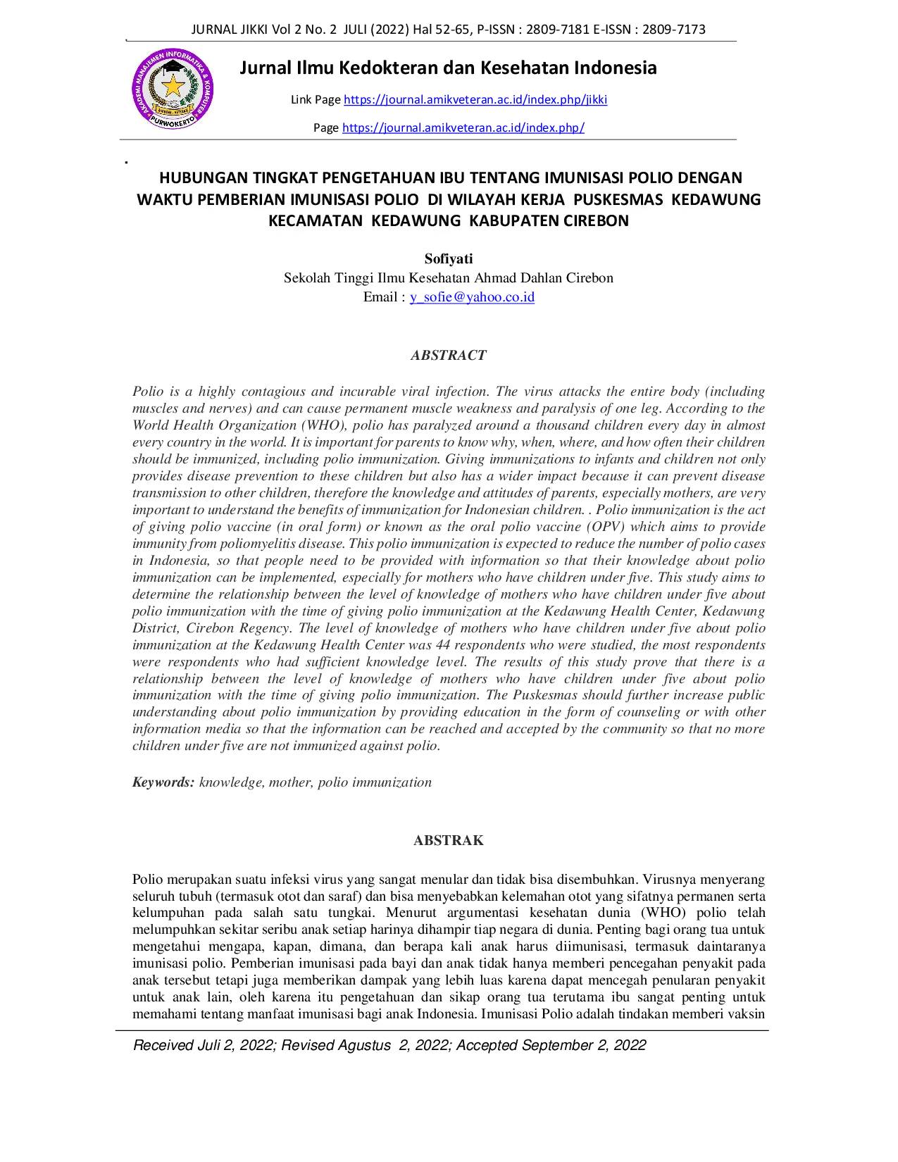 JURIS Hubungan Tingkat Pengetahuan Ibu Tentang Imunisasi Polio Dengan Waktu Pemberian Imunisasi Polio Di Wilayah Kerja Puskesmas Kedawung Kecamatan Kedawung Kabupaten Cirebon