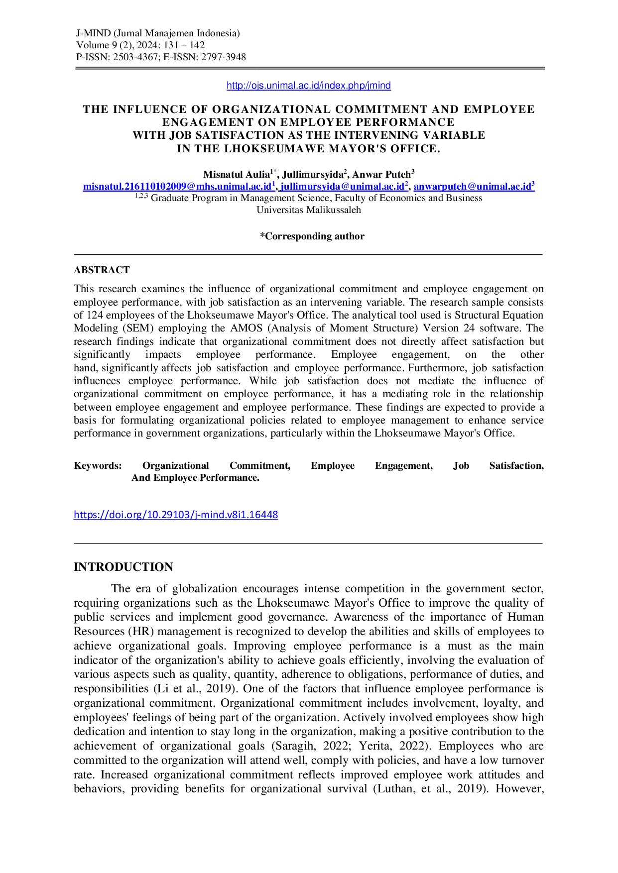 JURIS The Influence Of Organizational Commitment And Employee Engagement On Employee Performance With Job Satisfaction As The Intervening Variable In The Lhokseumawe Mayor s Office