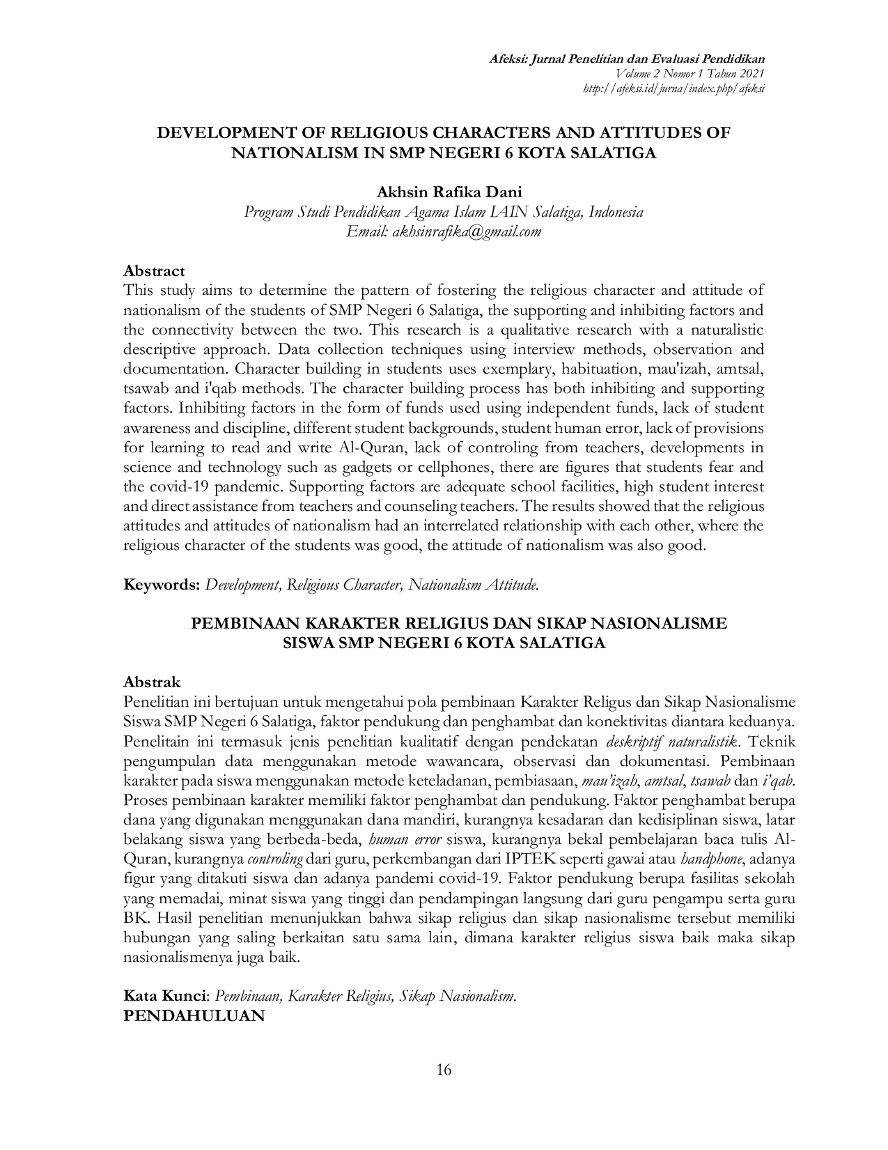 JURIS Pembinaan Karakter Religius dan Sikap Nasionalisme Siswa SMP Negeri 6 Kota Salatiga