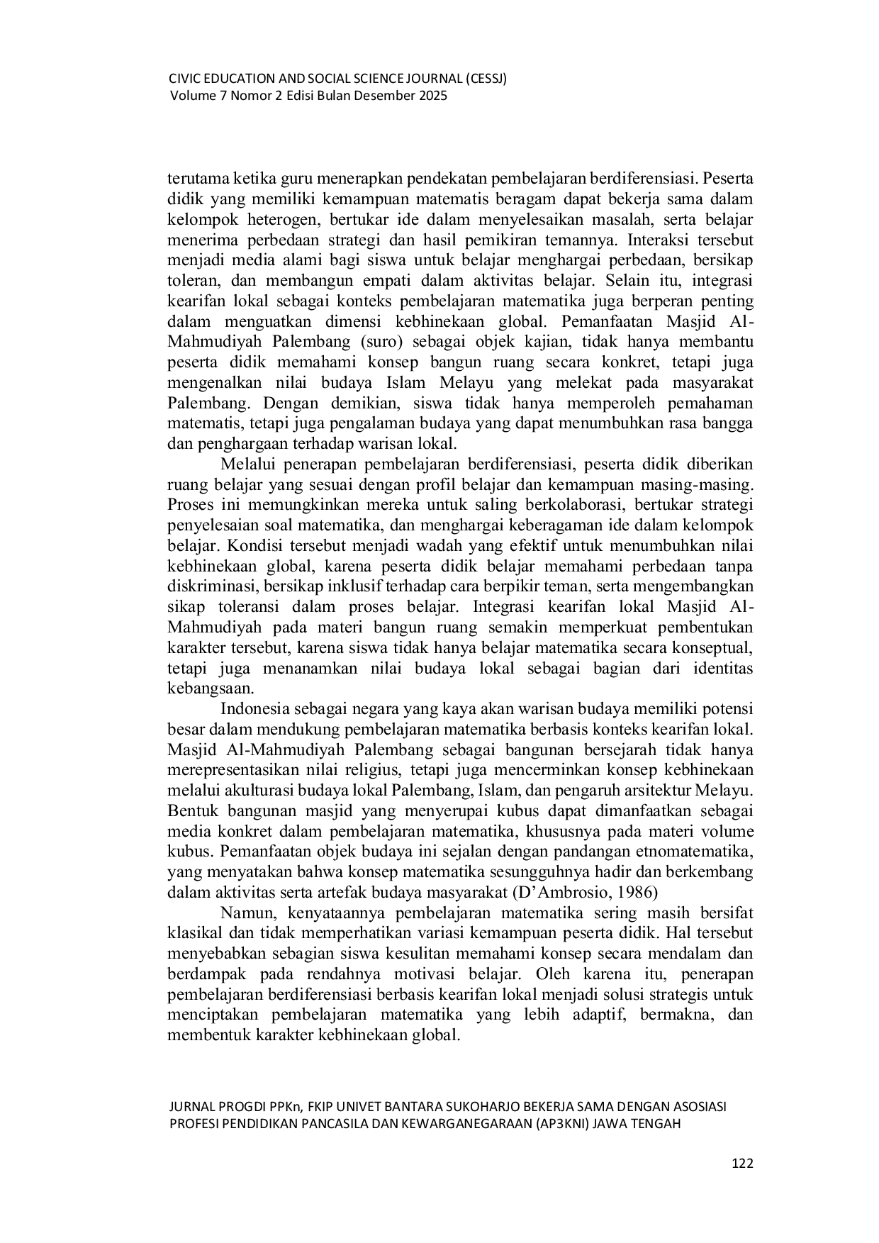 JURIS Penguatan Dimensi Kebhinekaan Global Melalui Pembelajaran Berdiferensiasi Berbasis Kearifan Lokal Masjid Al Mahmudiyah Suro Palembang