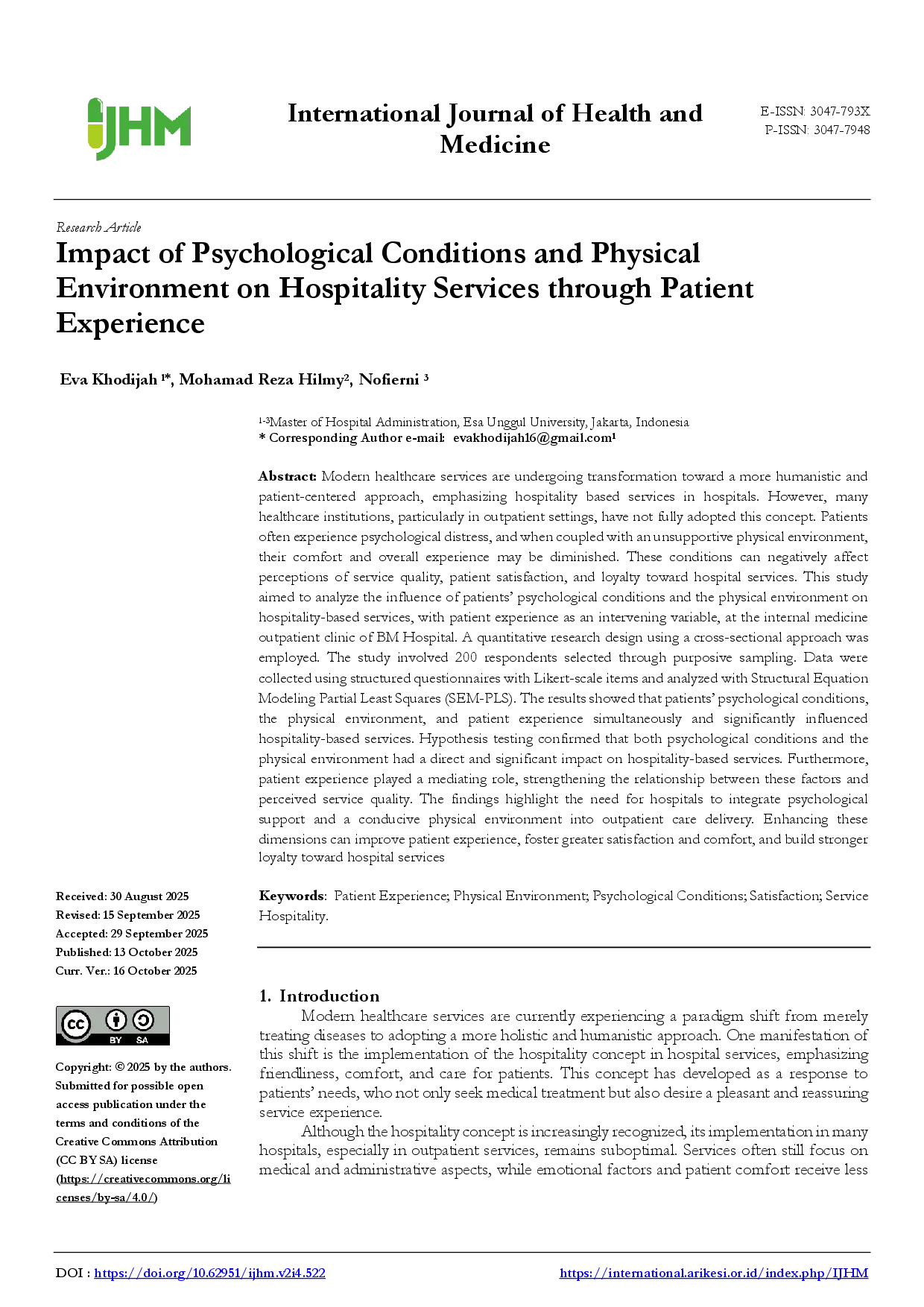 juris Impact of Psychological Conditions and Physical Environment on Hospitality Services through Patient Experience