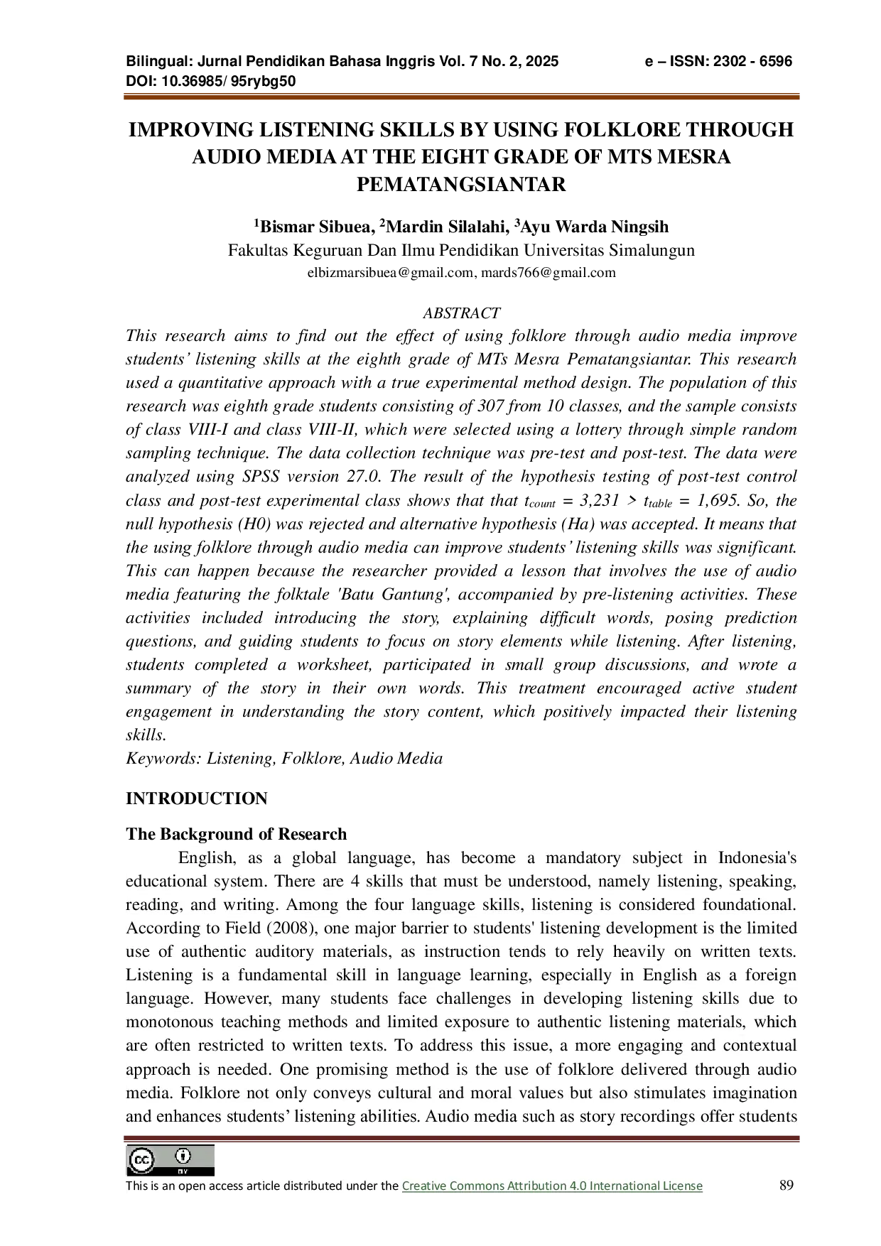 JURIS Improving Listening Skills by Using Folklore Through Audio Media at The Eight Grade of MTS Mesra Pematangsiantar
