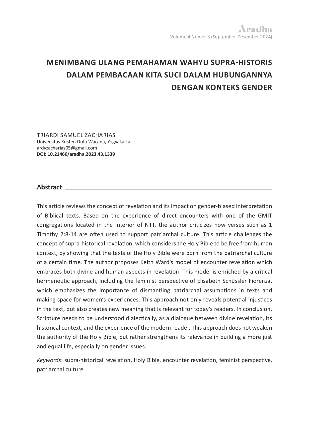 JURIS Menimbang Ulang Pemahaman Wahyu Supra Historis dalam Pembacaan Kita Suci dalam Hubungannya dengan Konteks Gender