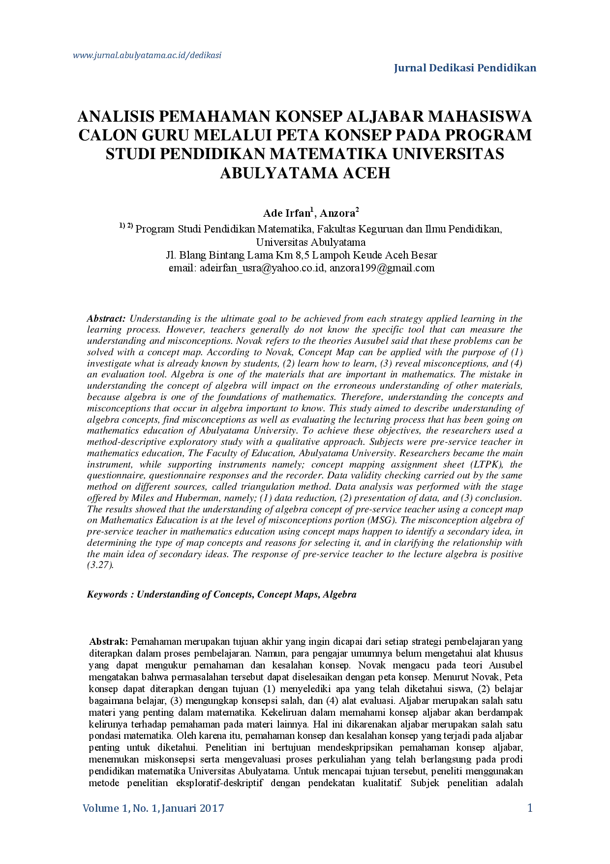 juris Analisis Pemahaman Konsep Aljabar Mahasiswa Calon Guru Melalui Peta Konsep Pada Program Studi Pendidikan Matematika Universitas Abulyatama Aceh