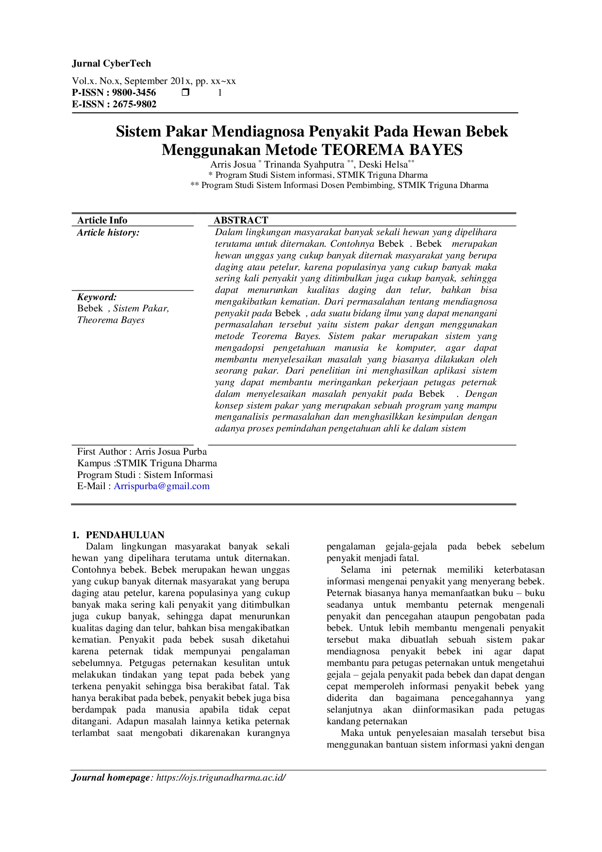 JURIS Sistem Pakar Mendiagnosa Penyakit Pada Hewan Bebek Menggunakan Metode TEOREMA BAYES