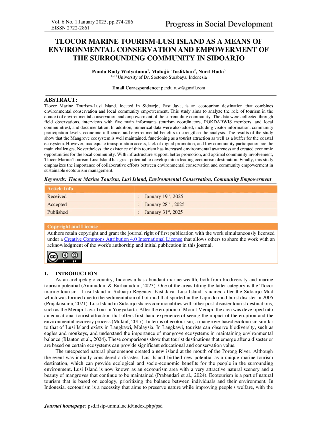 JURIS TLOCOR MARINE TOURISM LUSI ISLAND AS A MEANS OF ENVIRONMENTAL CONSERVATION AND EMPOWERMENT OF THE SURROUNDING COMMUNITY IN SIDOARJO