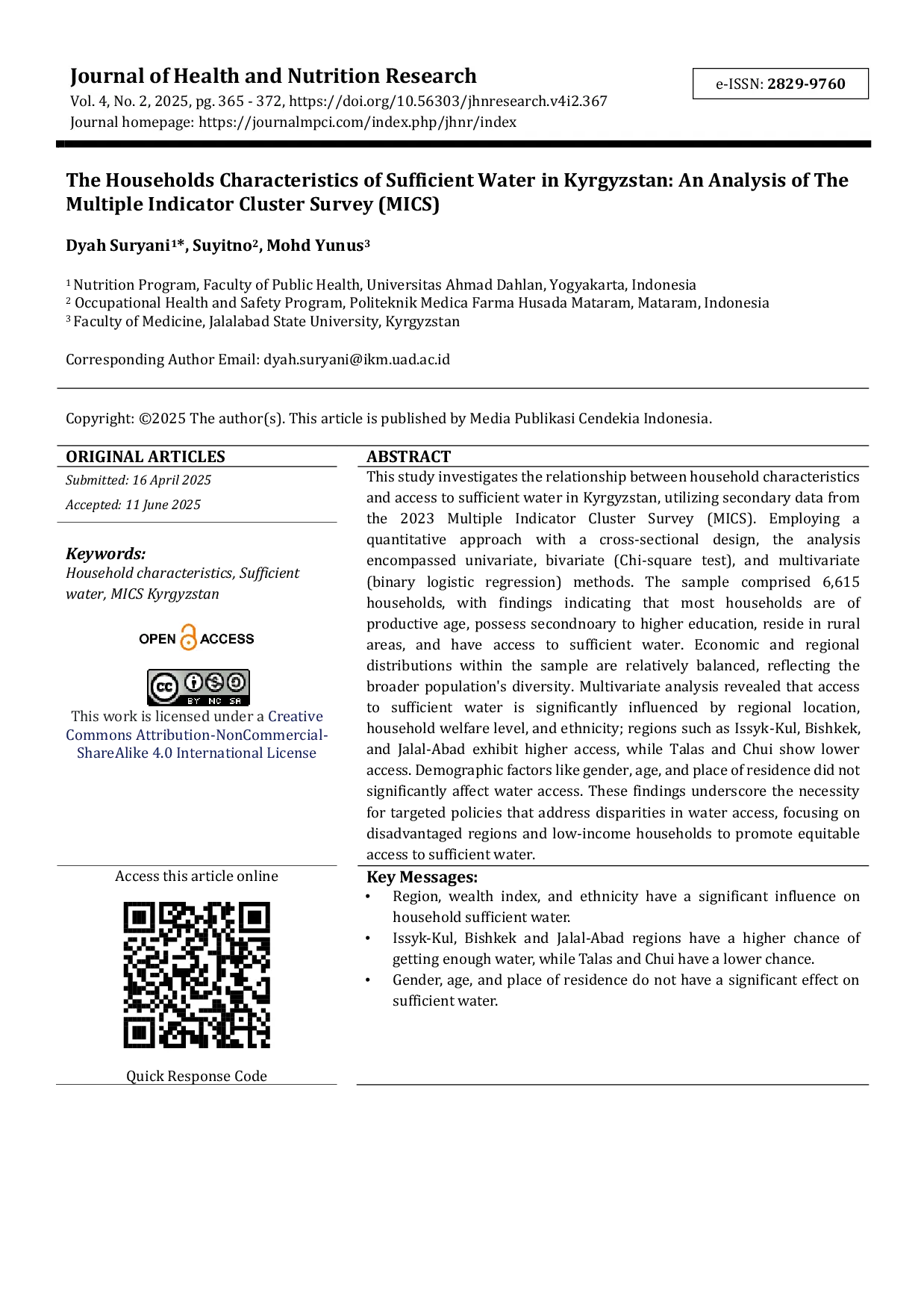 JURIS The Households Characteristics of Sufficient Water in Kyrgyzstan An Analysis of The Multiple Indicator Cluster Survey MICS