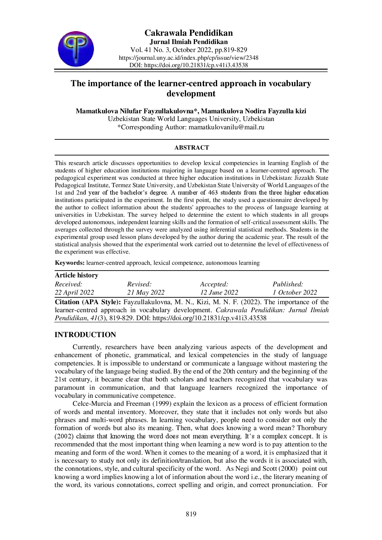 juris The importance of learner centered approach in vocabulary development