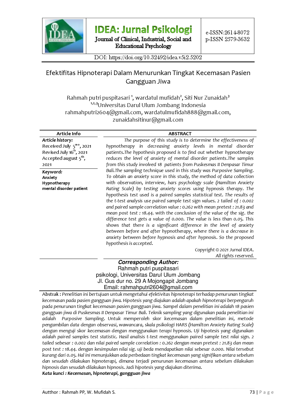 juris Efektifitas Hipnoterapi Dalam Menurunkan Tingkat Kecemasan Pasien Gangguan Jiwa