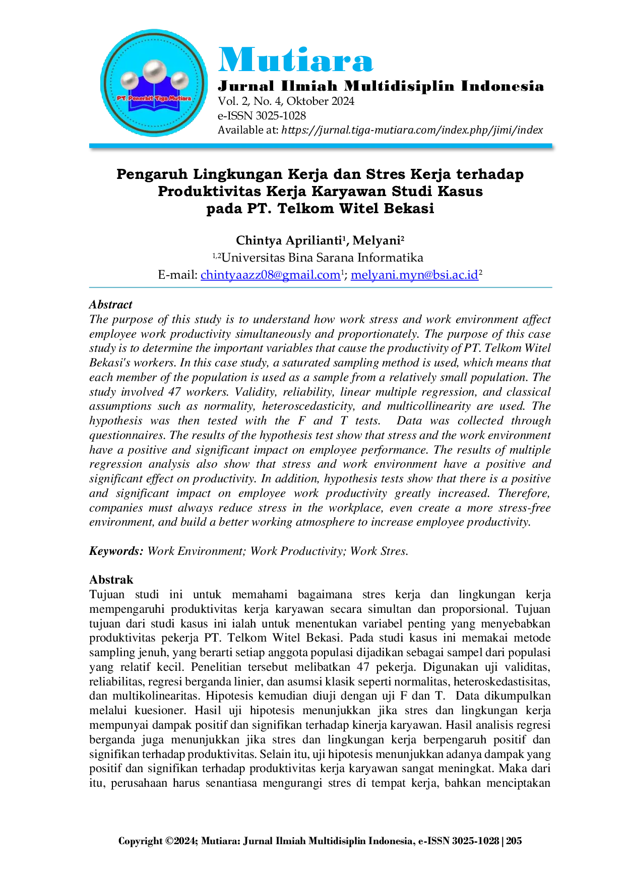 JURIS Pengaruh Lingkungan Kerja dan Stres Kerja terhadap Produktivitas Kerja Karyawan Studi Kasus pada PT Telkom Witel Bekasi