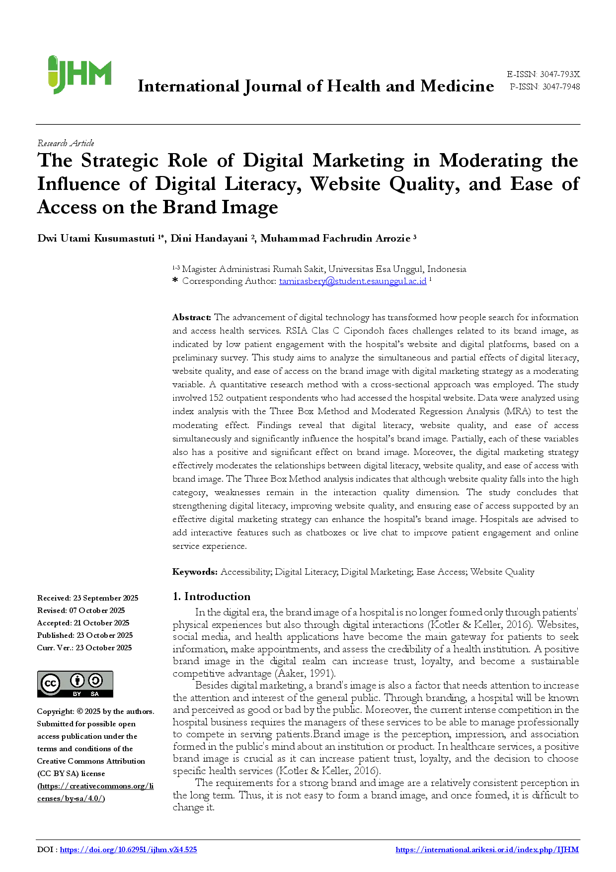 juris The Strategic Role of Digital Marketing in Moderating the Influence of Digital Literacy Website Quality and Ease of Access on the Brand Image