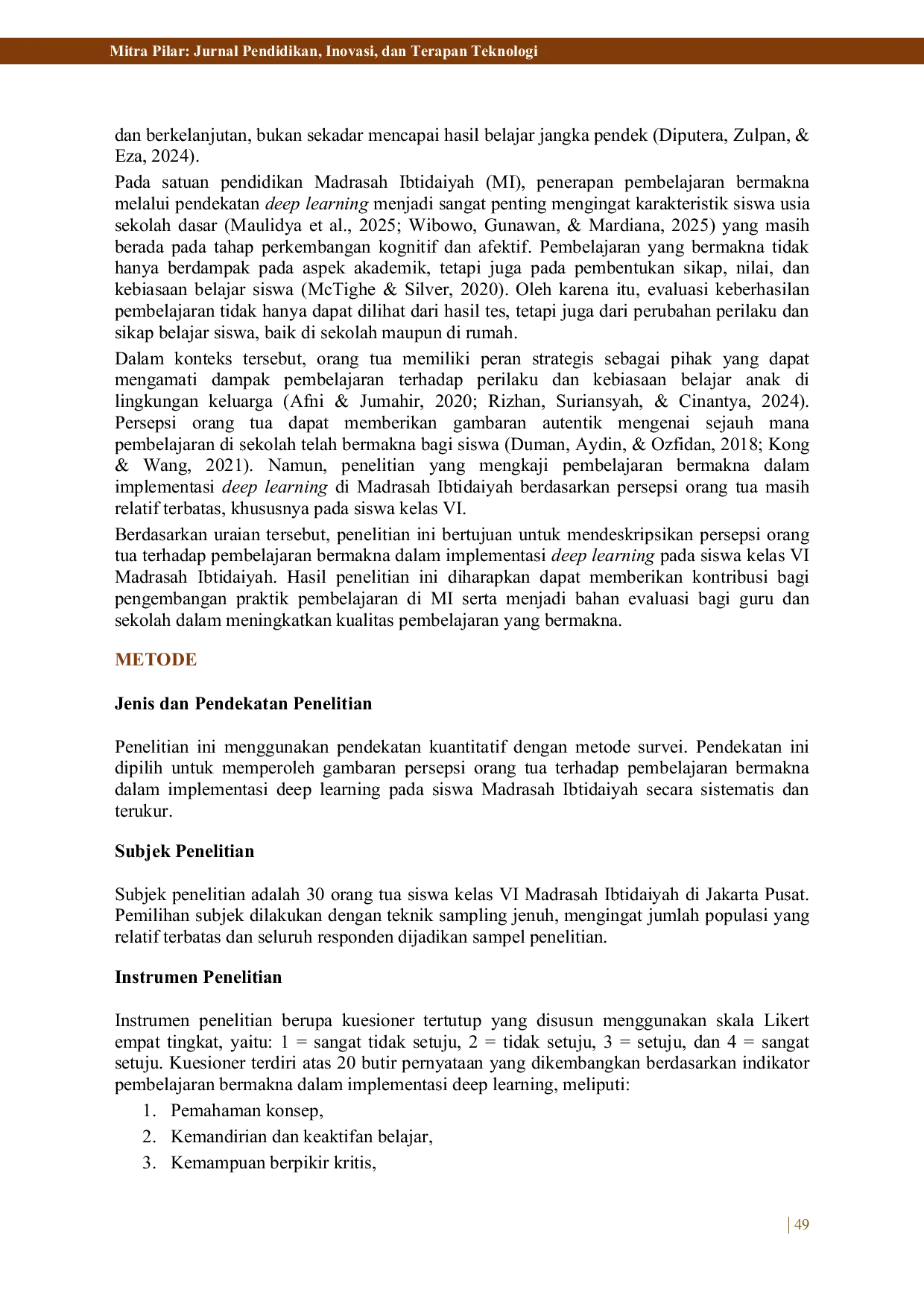JURIS Pembelajaran Bermakna dalam Implementasi Deep Learning di Madrasah Ibtidaiyah Persepsi Orang Tua Siswa Kelas VI
