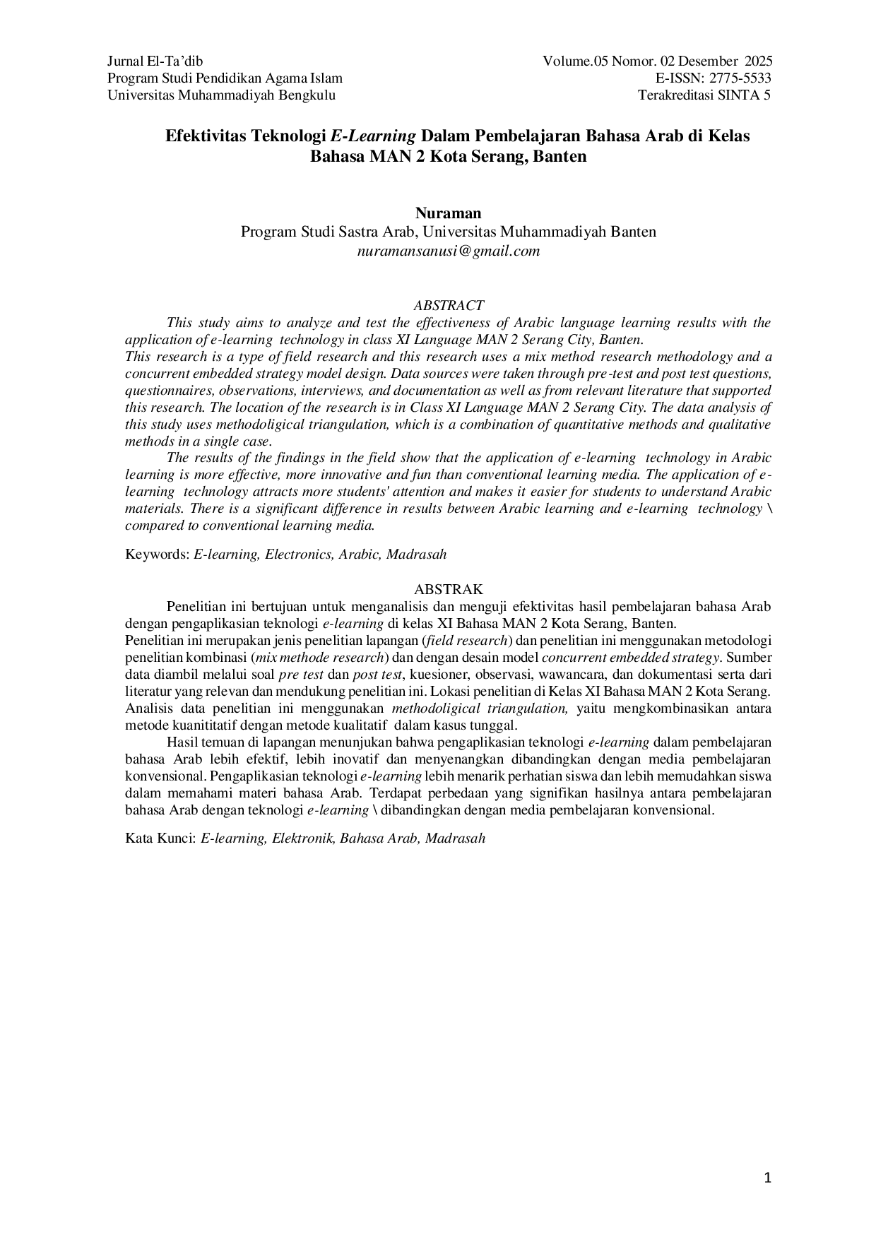 JURIS Efektivitas Teknologi E Learning Dalam Pembelajaran Bahasa Arab di Kelas Bahasa MAN 2 Kota Serang Banten