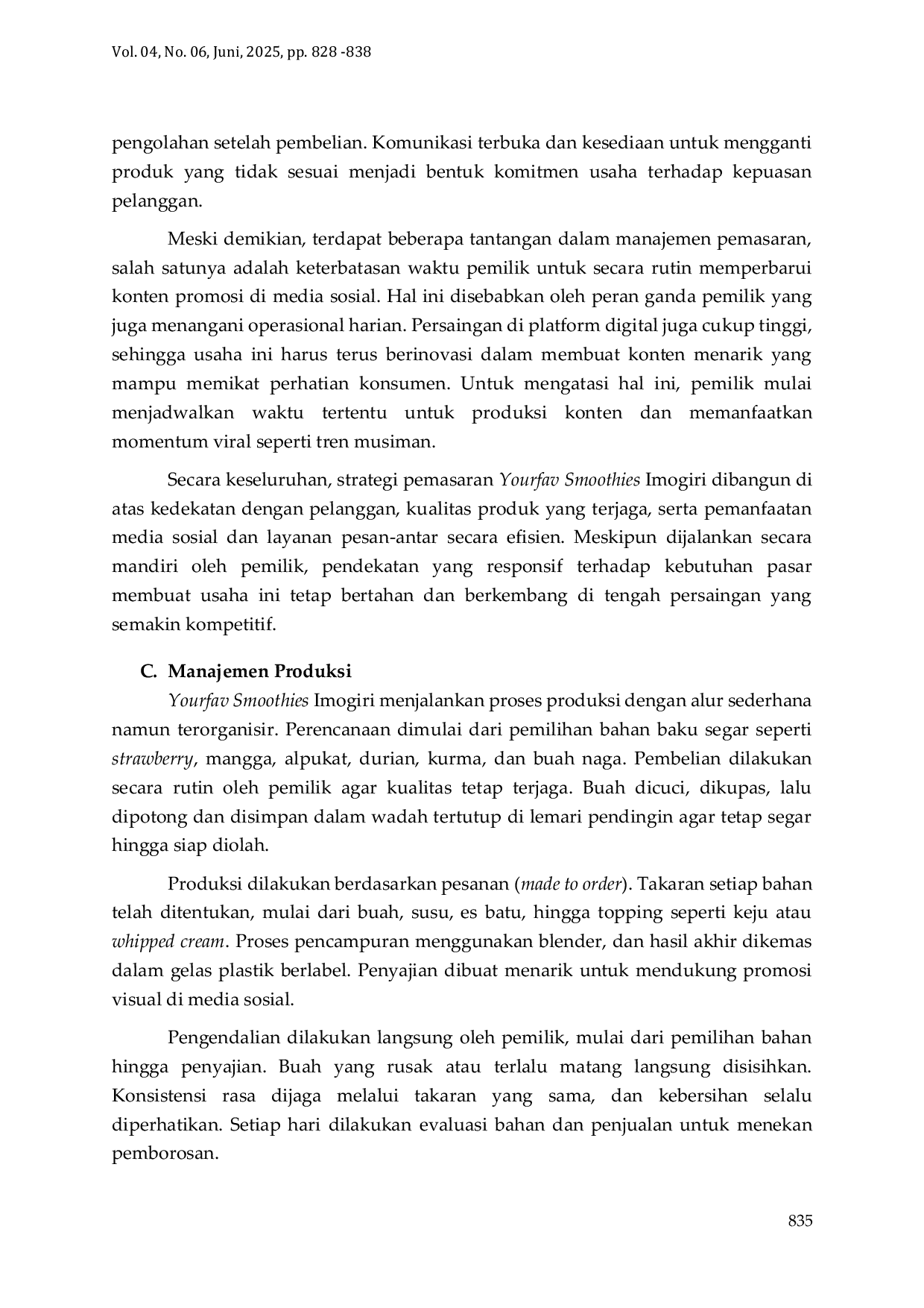 JURIS Analisis Manajemen dan Tantangan UMKM Yourfav Smoothies sebagai Usaha Minuman Sehat di Imogiri Bantul