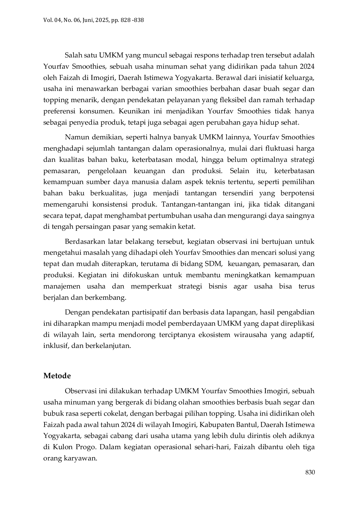 JURIS Analisis Manajemen dan Tantangan UMKM Yourfav Smoothies sebagai Usaha Minuman Sehat di Imogiri Bantul