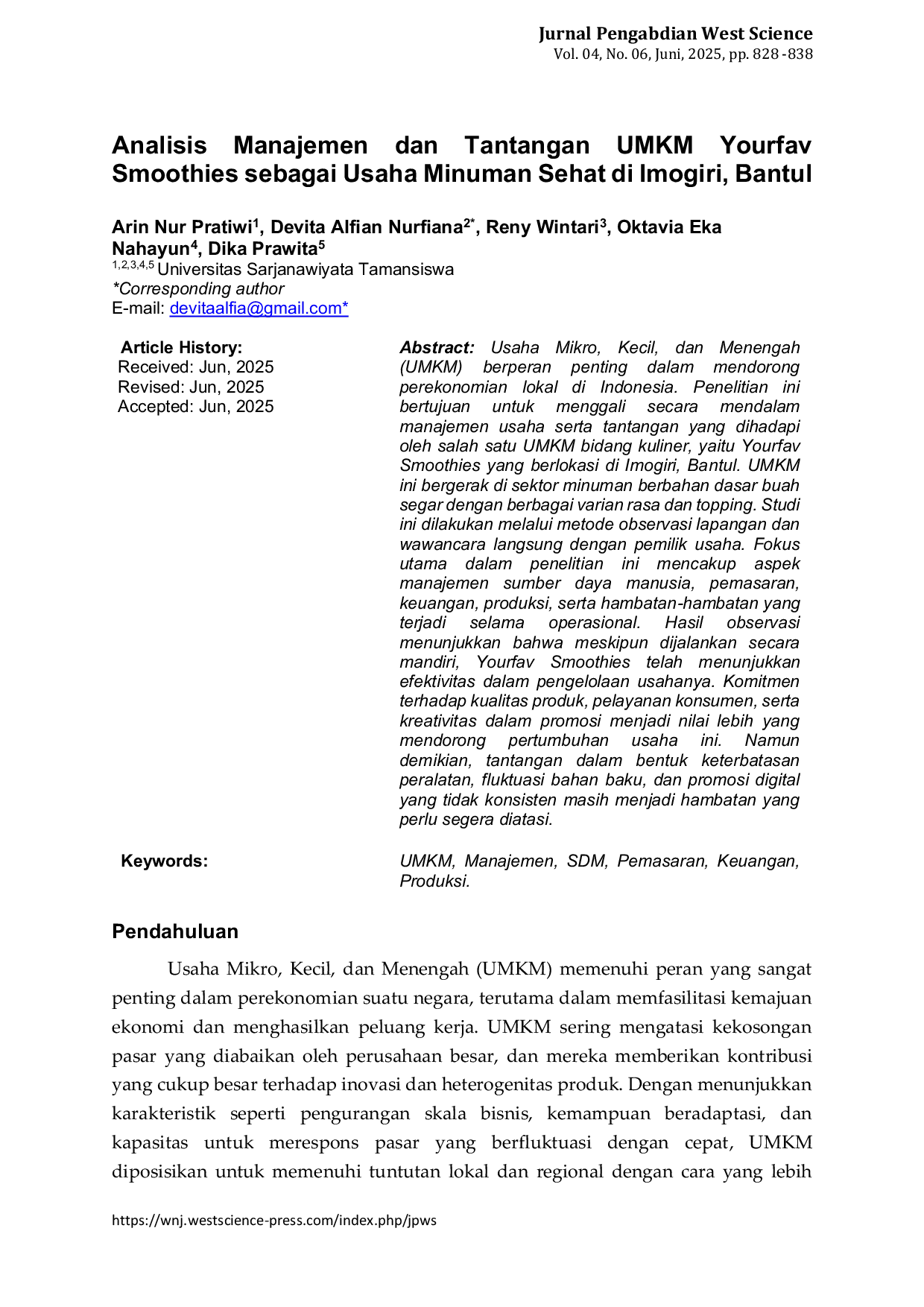 JURIS Analisis Manajemen dan Tantangan UMKM Yourfav Smoothies sebagai Usaha Minuman Sehat di Imogiri Bantul