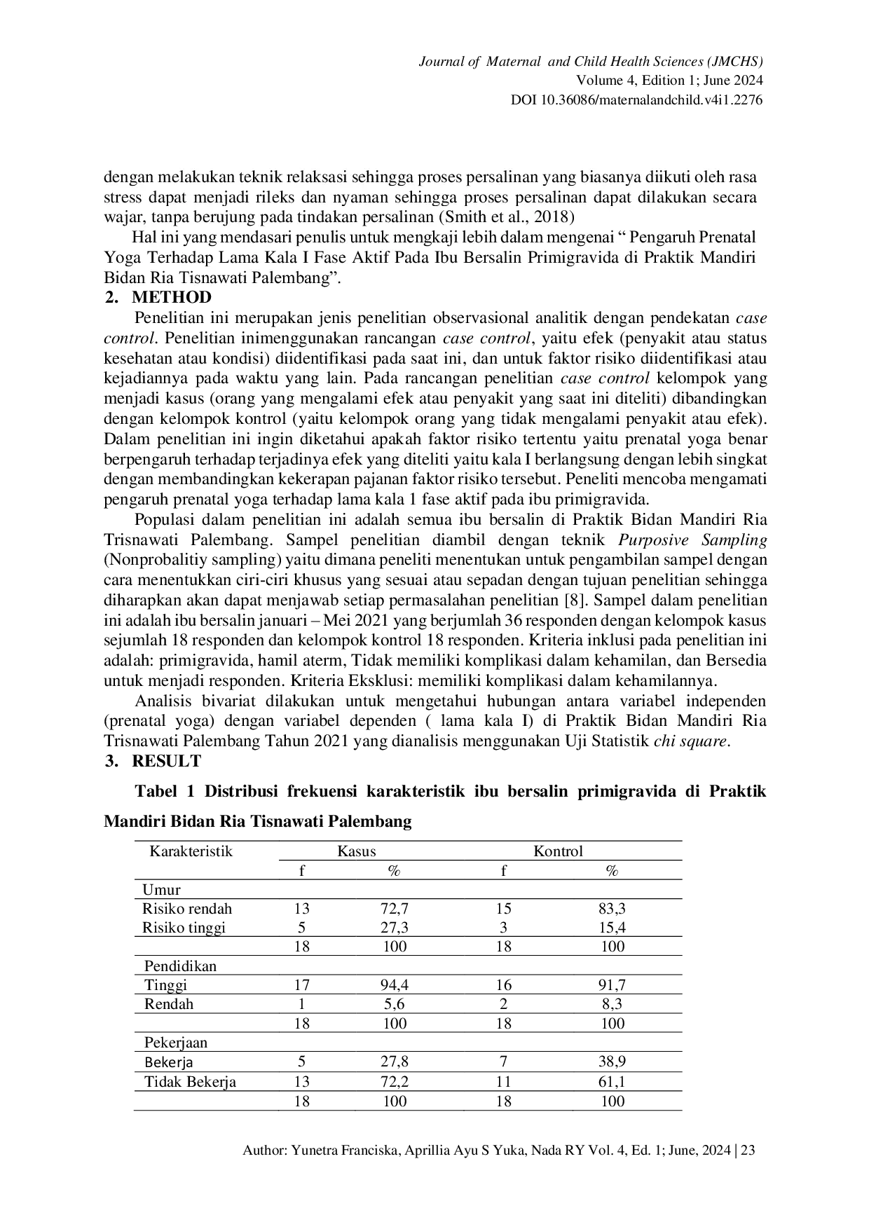 JURIS The Effect of Prenatal Yoga on the Length of the First Stage of the Active Phase in Primigravida Mothers at Ria Trisnawati s Independent Practice in Palembang