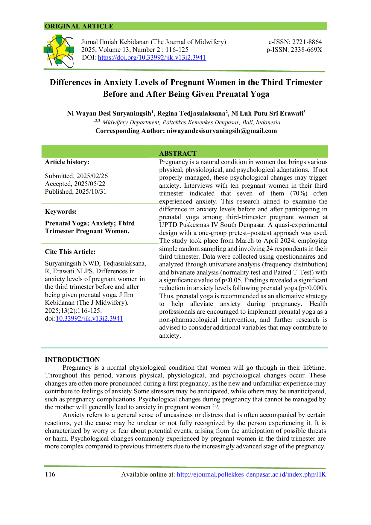 JURIS Differences in Anxiety Levels of Pregnant Women in the Third Trimester Before and After Being Given Prenatal Yoga
