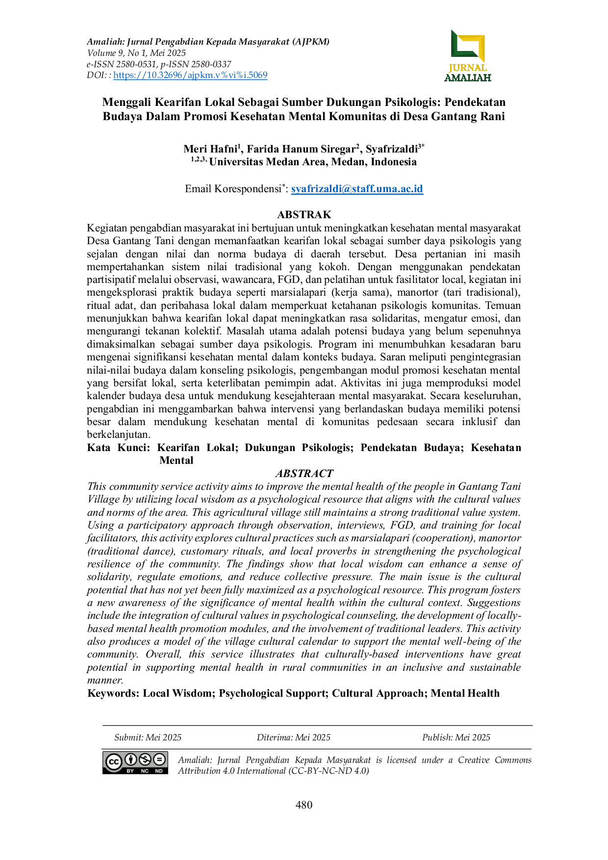JURIS Menggali Kearifan Lokal Sebagai Sumber Dukungan Psikologis Pendekatan Budaya Dalam Promosi Kesehatan Mental Komunitas di Desa Gantang Rani