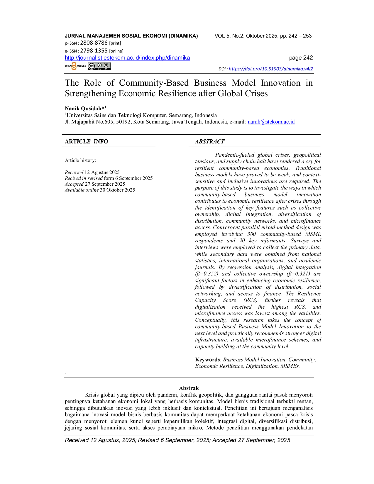 JURIS Peran Inovasi Model Bisnis Berbasis Komunitas dalam Memperkuat Ketahanan Ekonomi Setelah Krisis Global