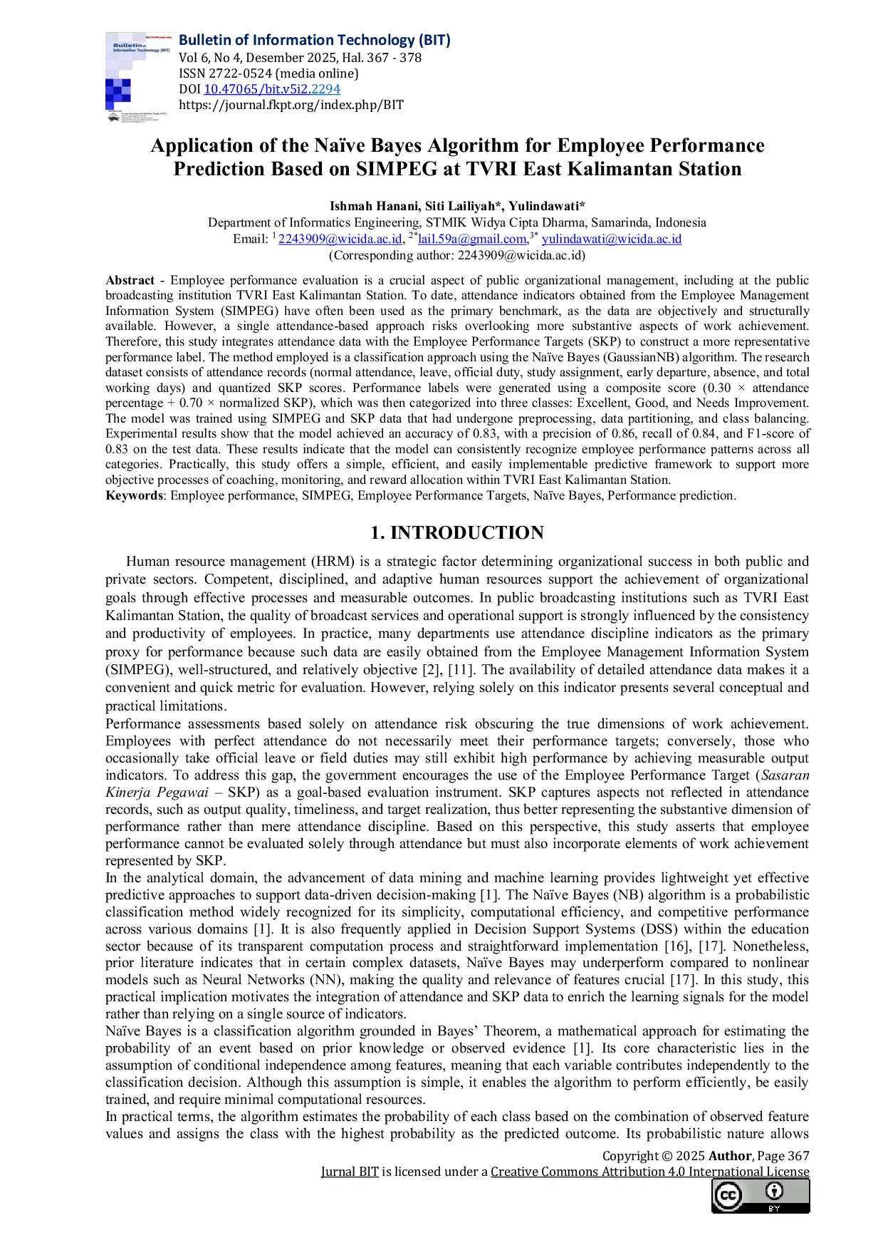 JURIS Application of The Na ve Bayes Algorithm for Employee Performance Prediction Based on SIMPEG at TVRI East Kalimantan Station