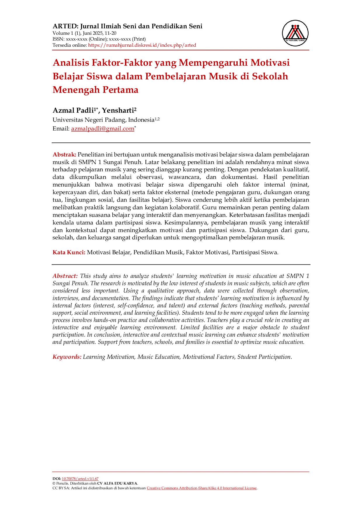 JURIS Analisis Faktor Faktor yang Mempengaruhi Motivasi Belajar Siswa dalam Pembelajaran Musik di Sekolah Menengah Pertama