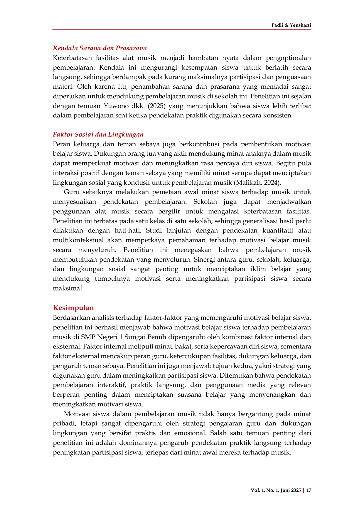 JURIS Analisis Faktor Faktor yang Mempengaruhi Motivasi Belajar Siswa dalam Pembelajaran Musik di Sekolah Menengah Pertama