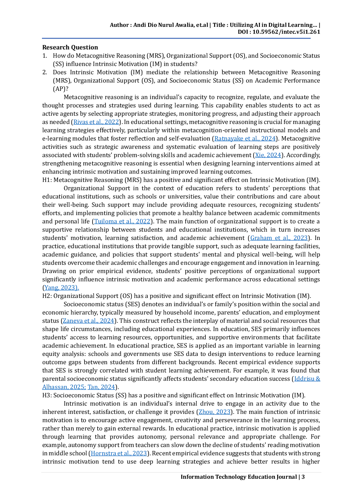 JURIS Utilizing AI in Digital Learning The Role of Metacognitive Reasoning Organizational Support and Socioeconomic Status in Enhancing Academic Performance through Intrinsic Motivation