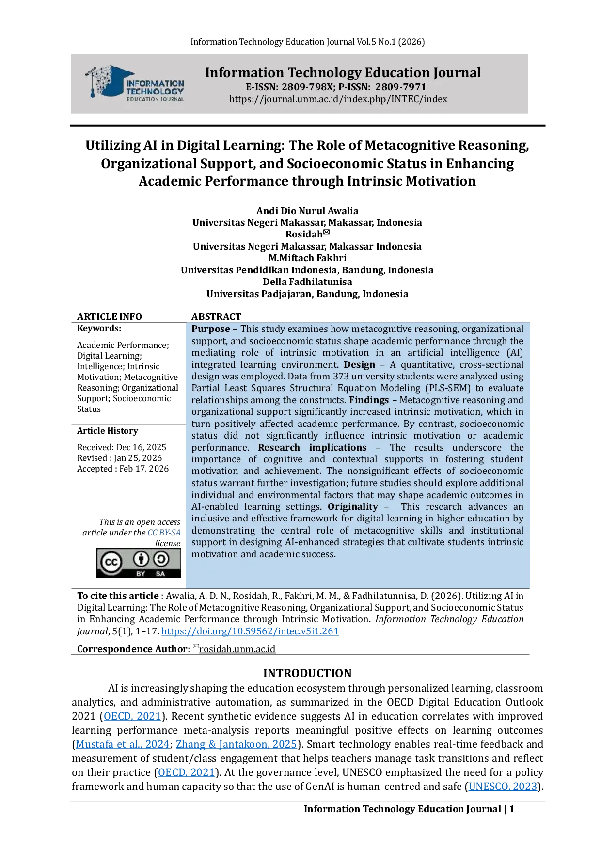 JURIS Utilizing AI in Digital Learning The Role of Metacognitive Reasoning Organizational Support and Socioeconomic Status in Enhancing Academic Performance through Intrinsic Motivation