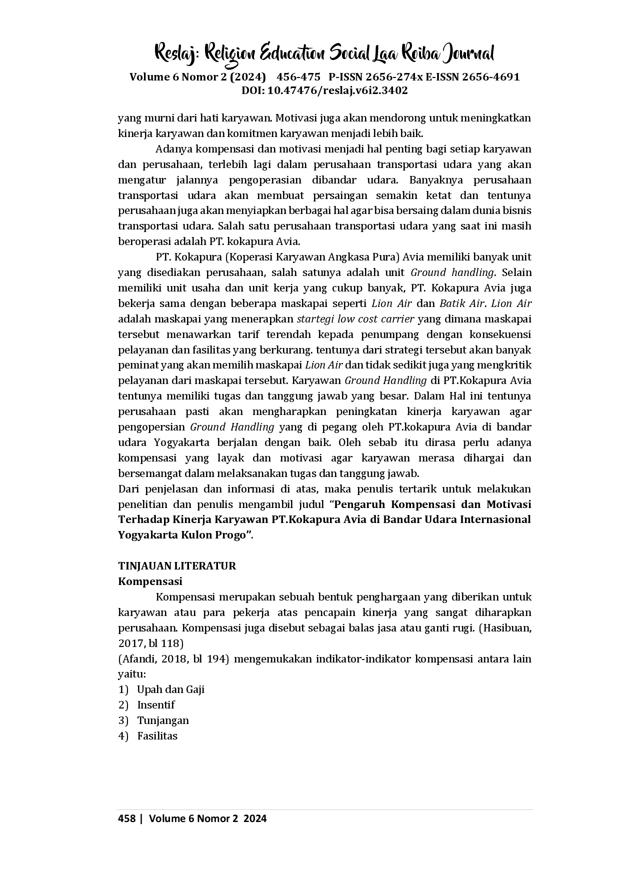 juris Analisis Pengaruh Kompensasi dan Motivasi terhadap Kinerja Karyawan PT Kokapura Avia di Bandar Udara Internasional Yogyakarta Kulon Progo