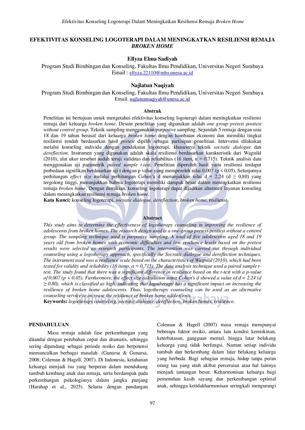 JURIS Efektivitas Konseling Logoterapi Dalam Meningkatkan Resiliensi Remaja Broken Home